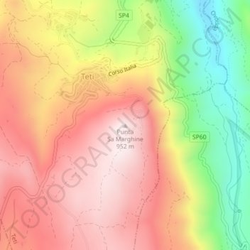 Carte topographique Punta Sa Marghine, altitude, relief