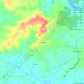 Carte topographique Malippara, altitude, relief