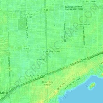 Carte topographique Silver Bluff Estates, altitude, relief