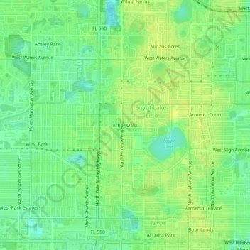Carte topographique Arbor Oaks, altitude, relief