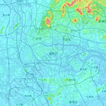 Carte topographique Guangzhou City, altitude, relief