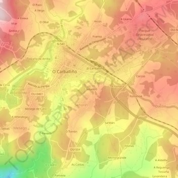 Carte topographique O Tellado, altitude, relief