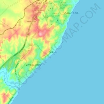 Carte topographique Ballito, altitude, relief