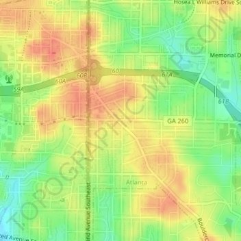 Carte topographique East Atlanta, altitude, relief