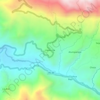Carte topographique Llanduma, altitude, relief