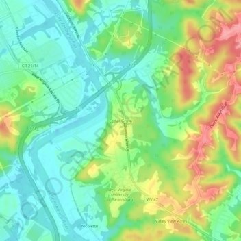 Carte topographique Cedar Grove, altitude, relief