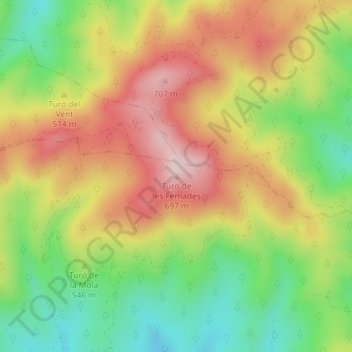 Carte topographique Turó de les Femades, altitude, relief