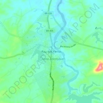 Carte topographique Pau dos Ferros, altitude, relief