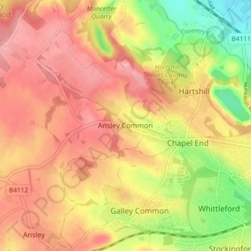 Carte topographique Ansley Common, altitude, relief