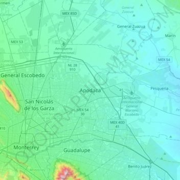 Carte topographique Apodaca, altitude, relief