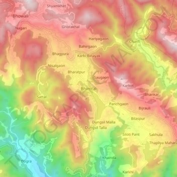 Carte topographique Bhimtal, altitude, relief