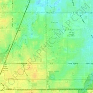 Carte topographique Olympia Fields, altitude, relief