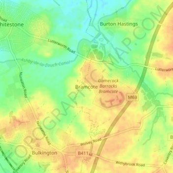 Carte topographique Bramcote, altitude, relief