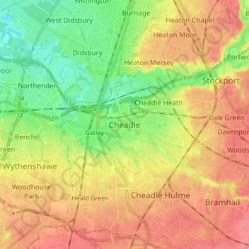 Carte topographique Cheadle, altitude, relief
