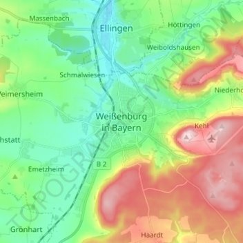 Carte topographique Weißenburg in Bayern, altitude, relief