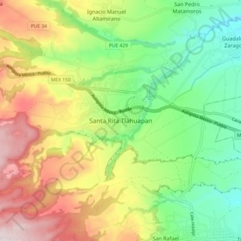 Carte topographique Santa Rita Tlahuapan, altitude, relief