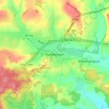 Carte topographique Puddletown, altitude, relief