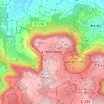 Carte topographique Ochsenwang, altitude, relief
