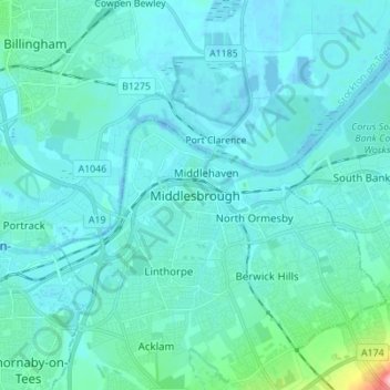Carte topographique Middlesbrough, altitude, relief
