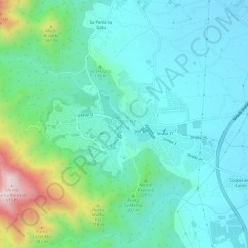 Carte topographique Poggio dei Pini, altitude, relief