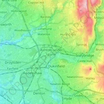 Carte topographique Ashton-under-Lyne, altitude, relief