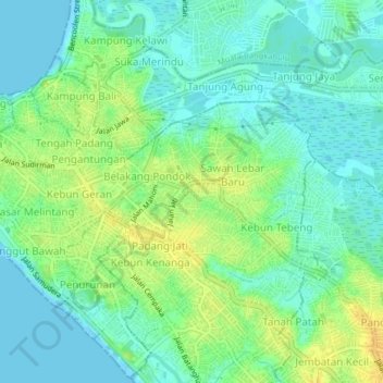 Carte topographique Sawah Lebar, altitude, relief