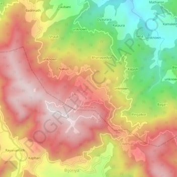 Carte topographique Kausani, altitude, relief