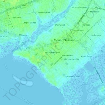 Carte topographique Moultrie Heights, altitude, relief