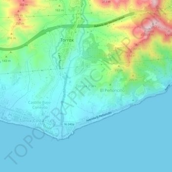 Carte topographique Torrox Park, altitude, relief