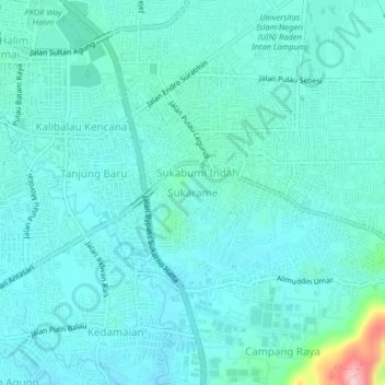 Carte topographique Sukarame, altitude, relief