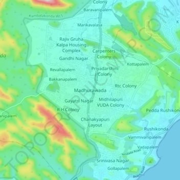 Carte topographique Madhurawada, altitude, relief