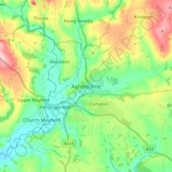 Carte topographique Ashbourne, altitude, relief