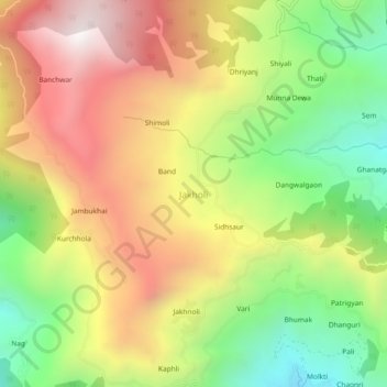 Carte topographique Jakholi, altitude, relief