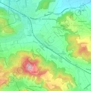Carte topographique Guntershausen, altitude, relief