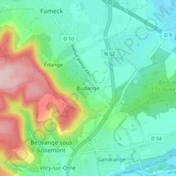 Carte topographique Budange, altitude, relief