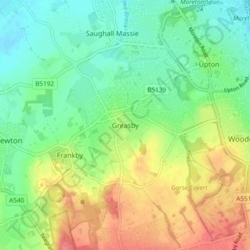Carte topographique Greasby, altitude, relief
