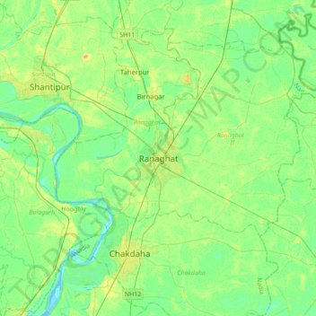 Carte topographique Ranaghat, altitude, relief