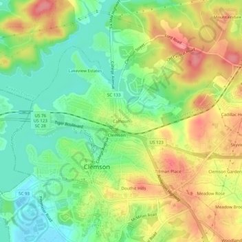 Carte topographique Calhoun, altitude, relief