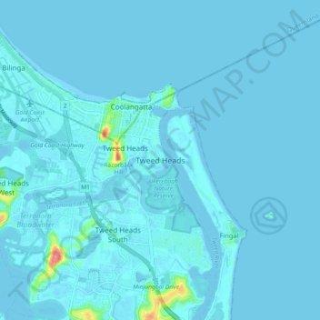 Carte topographique Tweed Heads, altitude, relief