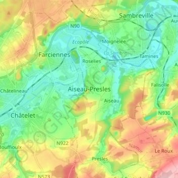 Carte topographique Aiseau-Presles, altitude, relief