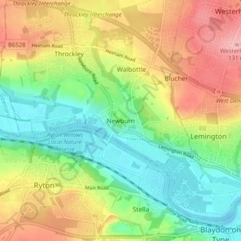 Carte topographique Newburn, altitude, relief