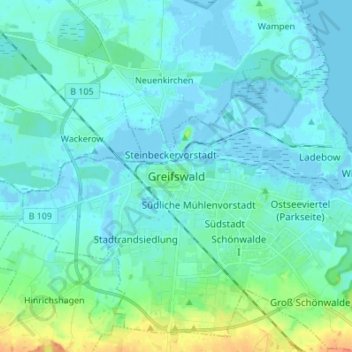 Carte topographique Greifswald, altitude, relief
