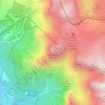 Carte topographique Cima della Rosetta, altitude, relief