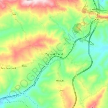Carte topographique Zighoud Youcef, altitude, relief