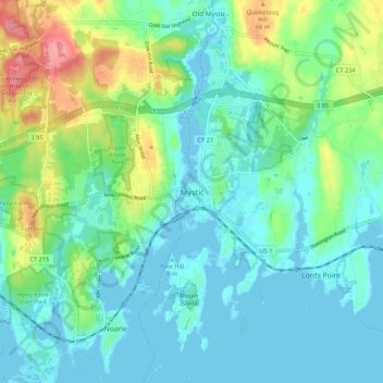 Carte topographique Mystic, altitude, relief