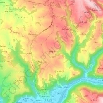 Carte topographique Carrègues, altitude, relief