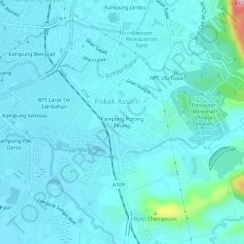 Carte topographique Kampung Potong Pinang, altitude, relief