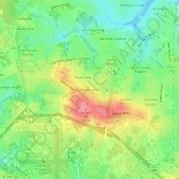 Carte topographique Hudson Acres, altitude, relief