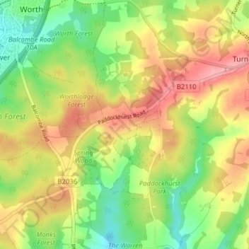 Carte topographique Worth Abbey, altitude, relief