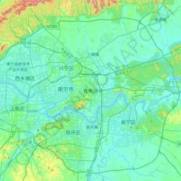Carte topographique Qingxiu, altitude, relief